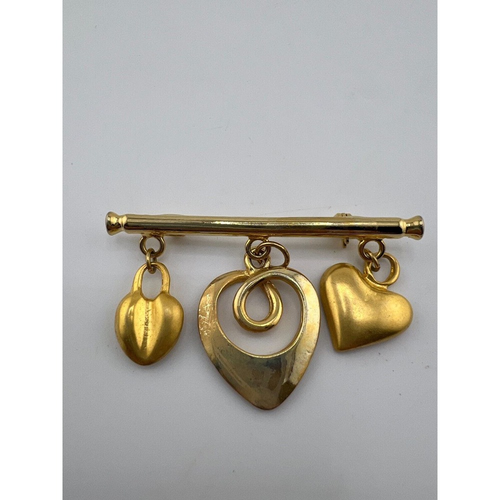 Vintage Gold Tone Dangling Hearts Brooch‎ Pin 90s 80s Valentine Gift